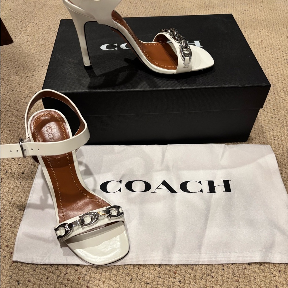Coach White Heels with Silver Chain Detail - Picture 4 of 11